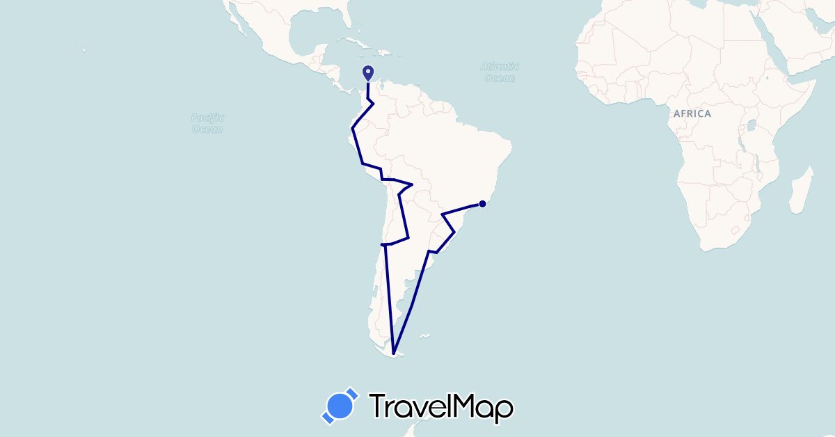 TravelMap itinerary: driving in Argentina, Bolivia, Brazil, Chile, Colombia, Ecuador, Peru, Uruguay (South America)